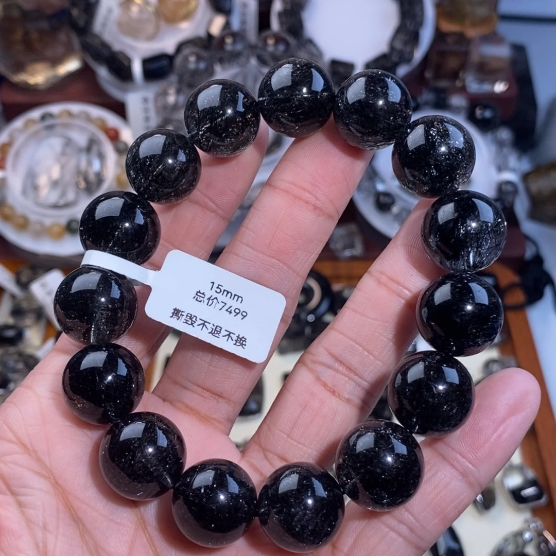 水晶手链未镶嵌黑发晶烟花蕾丝15mm黑爆闪猫眼