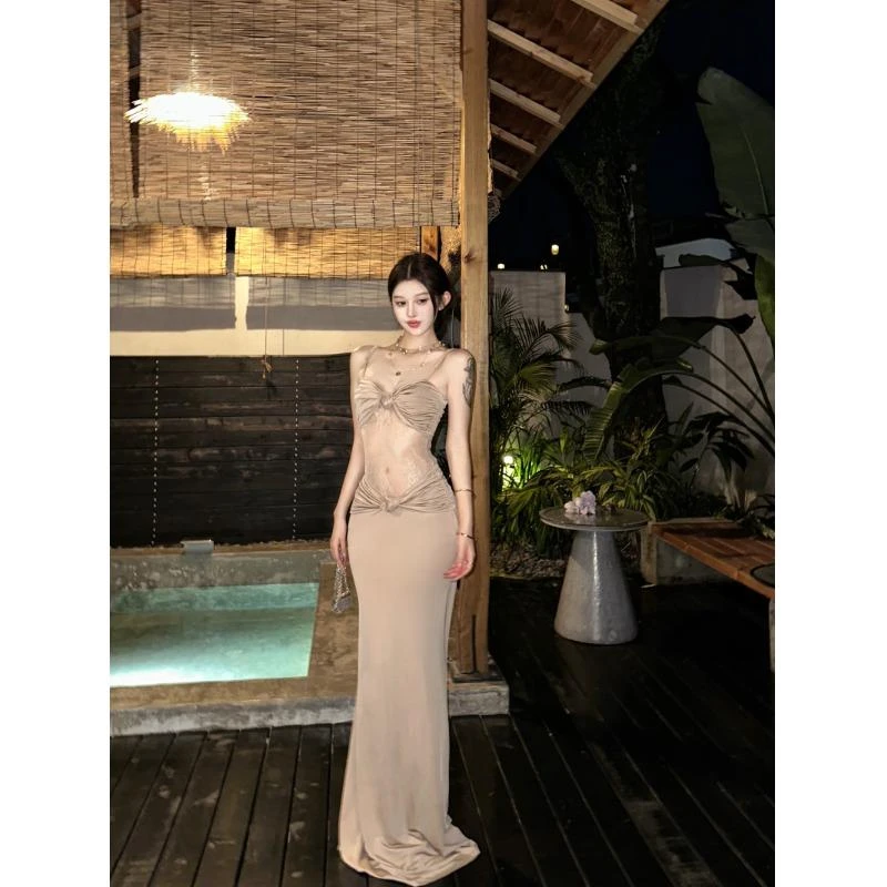 蕾丝网纱拼接纯欲吊带连衣裙女夏季扭结修身裙子辣妹收腰包臀长裙