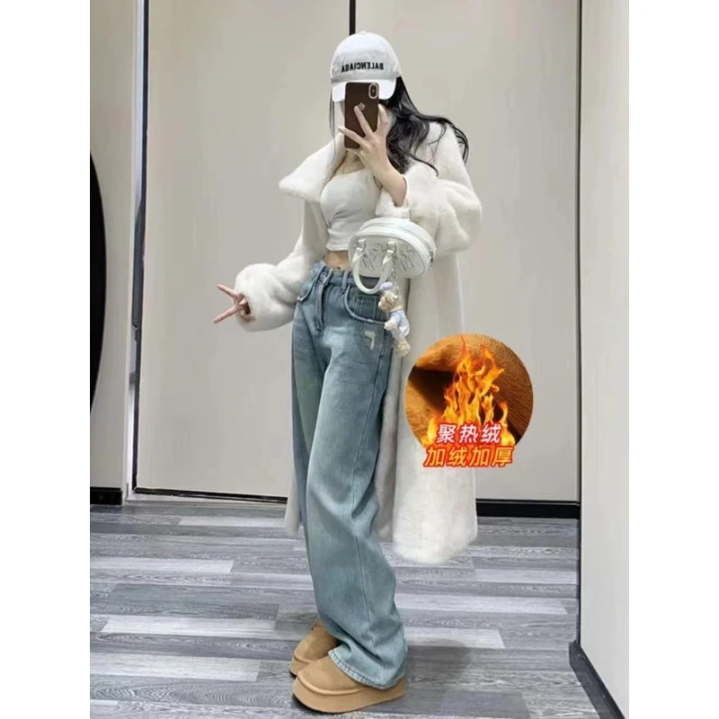 【加绒加厚】浅色牛仔裤2025年秋冬新款宽松高腰阔腿爆款牛仔裤女