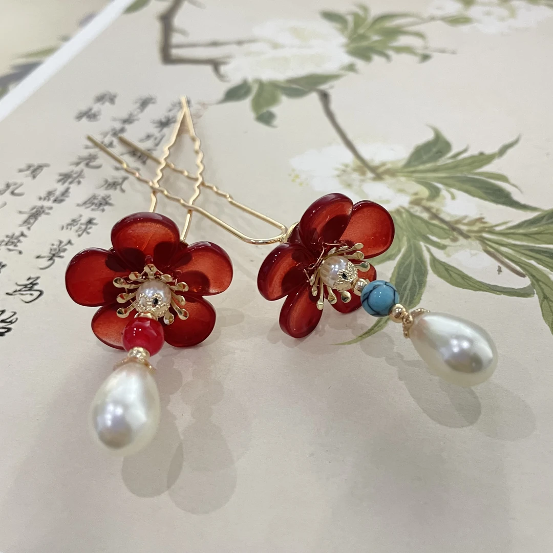 古风发钗花瓣红色百搭汉服头饰簪子