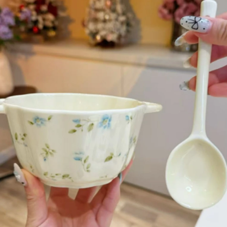 【小南瓜+勺】兰铃花陶瓷双耳小汤碗勺家用装汤碗学生可爱餐具组合