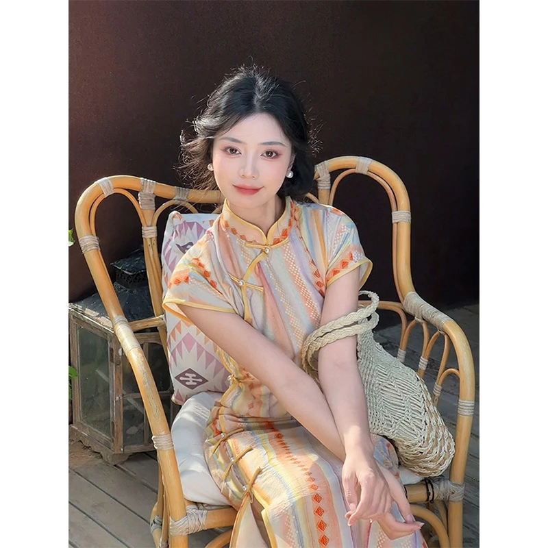 新中式【漓江女孩】日常古法全开襟旗袍女夏中式连衣裙民国风女装