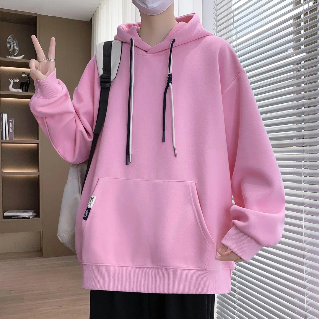 2025新款宽松潮牌粉色连帽卫衣男春秋季情侣外套青少年男装上衣服