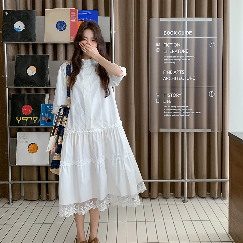 复古白色连衣裙温柔风2025夏季新款小个子宽松好看中长款茶荷叶边