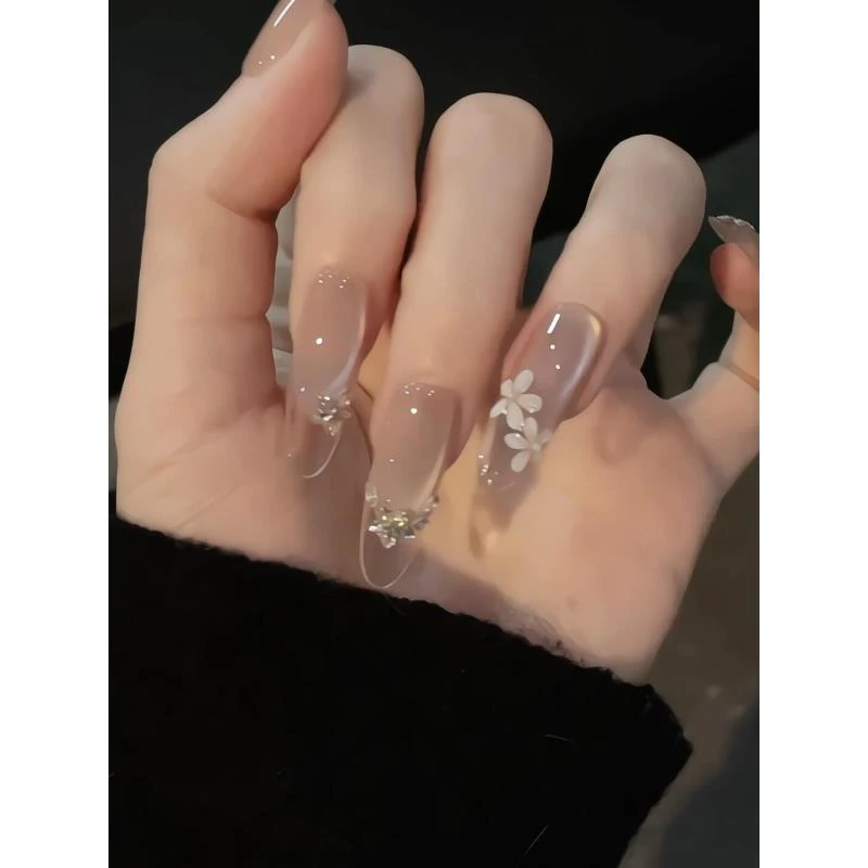 2025纯手工穿戴甲冰透法式小花温柔气质猫眼立体花朵清透新娘美甲