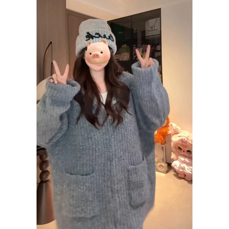 灰色中长款拉链连帽毛衣外套女秋冬韩系氛围感穿搭慵懒风针织开衫