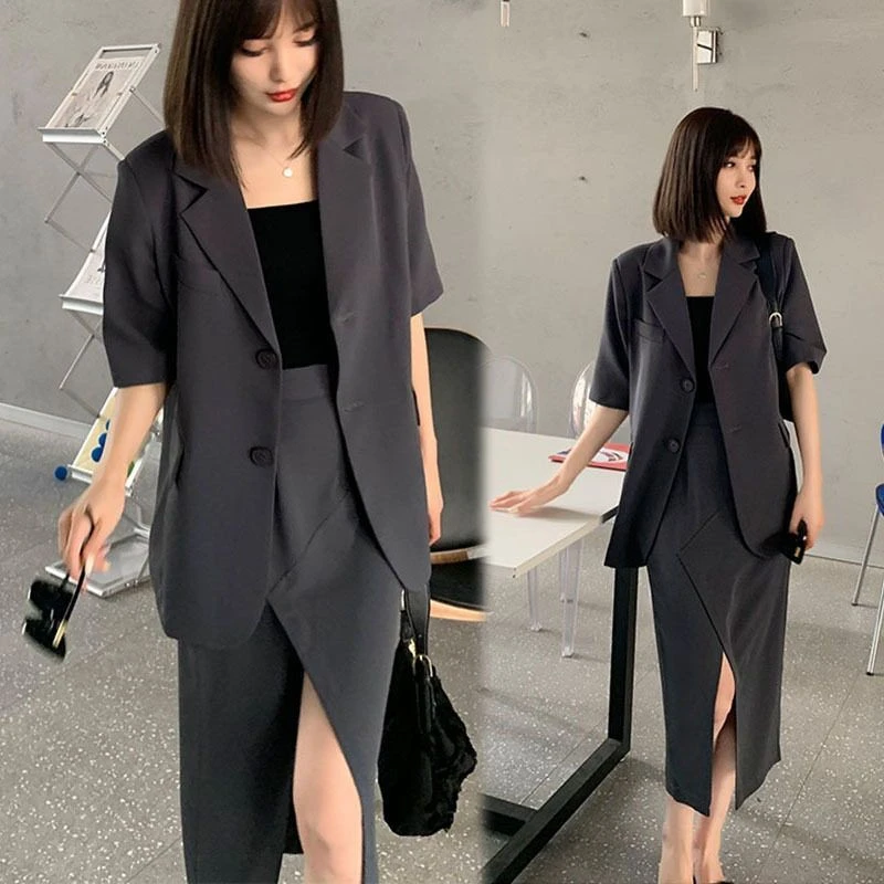 大码女装薄款短袖西装套装女胖mm设计感开叉半身裙两件套夏季透气