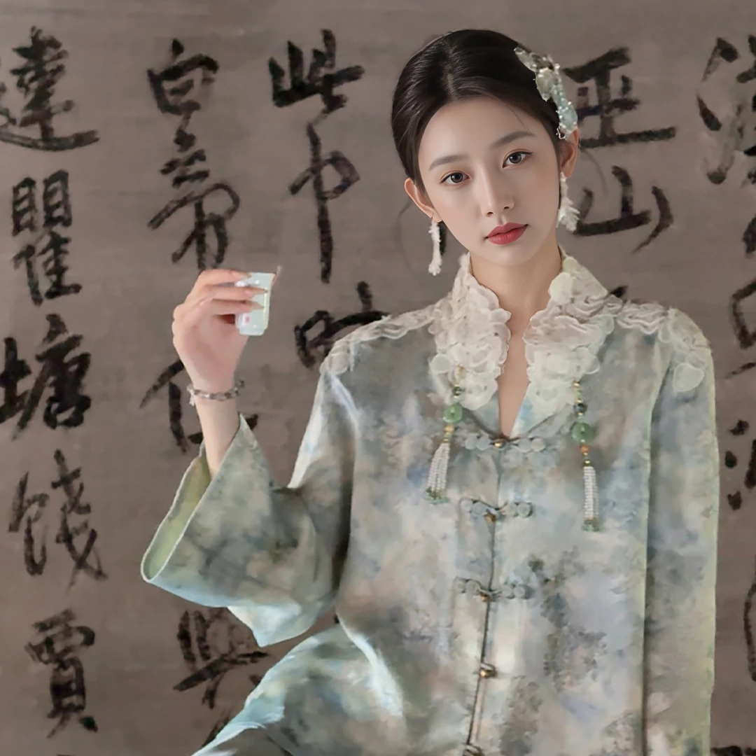 盘扣女时尚新中式两件套立领上衣半裙纯色N7044外套设计提花国风