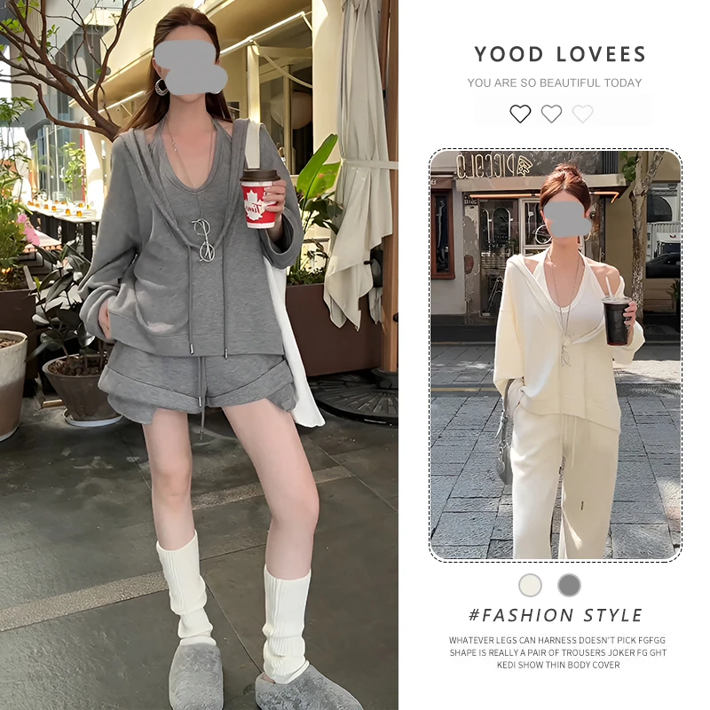 灰色慵懒风套装女春秋纯欲内搭上衣连帽长袖卫衣甜辣妹短裤三件套