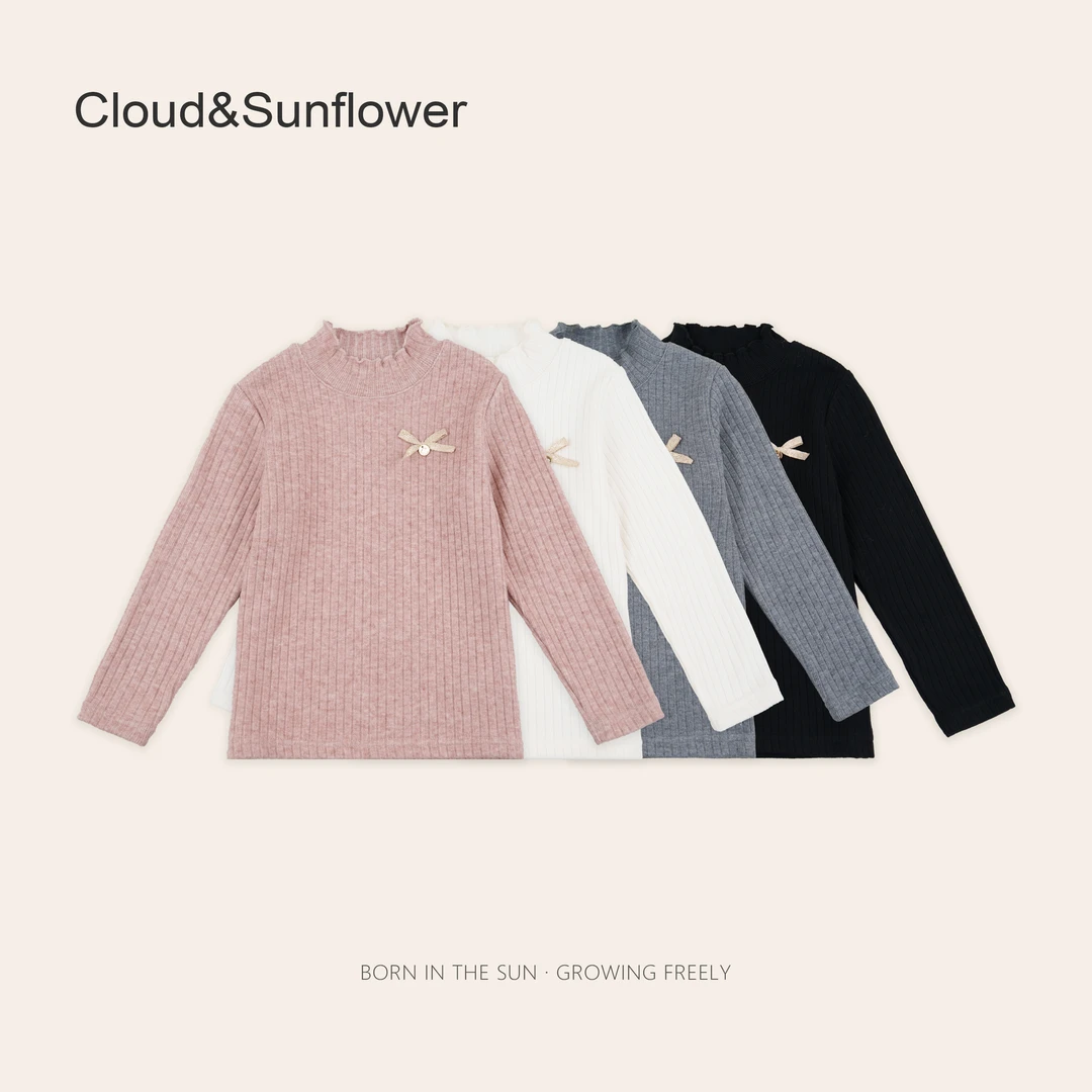 女童竖条纯色小金标蝴蝶结捏褶圆领冬季百搭针织打底衫660587