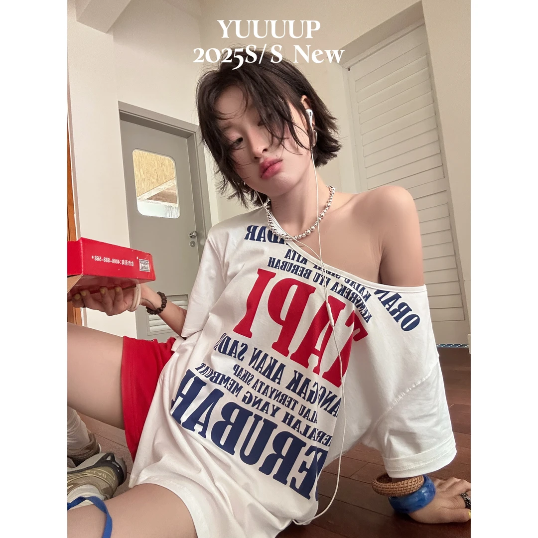 夏上新！美式复古彩色字母彩拔印花一字肩斜肩宽松短袖T恤