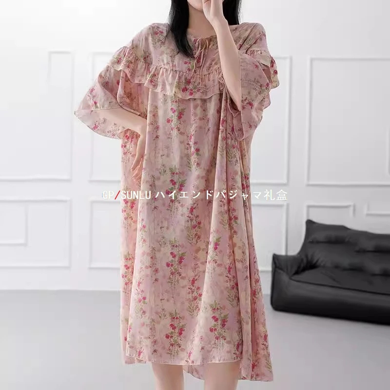 gpsunlu碎花棉绸睡裙女款春夏季宽松甜美可爱田园风家居服可外穿