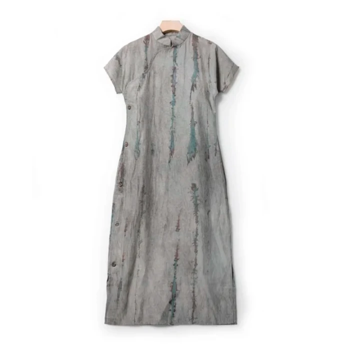 【格一专属】新中式波浪襟立领开叉连衣裙LSQ234743