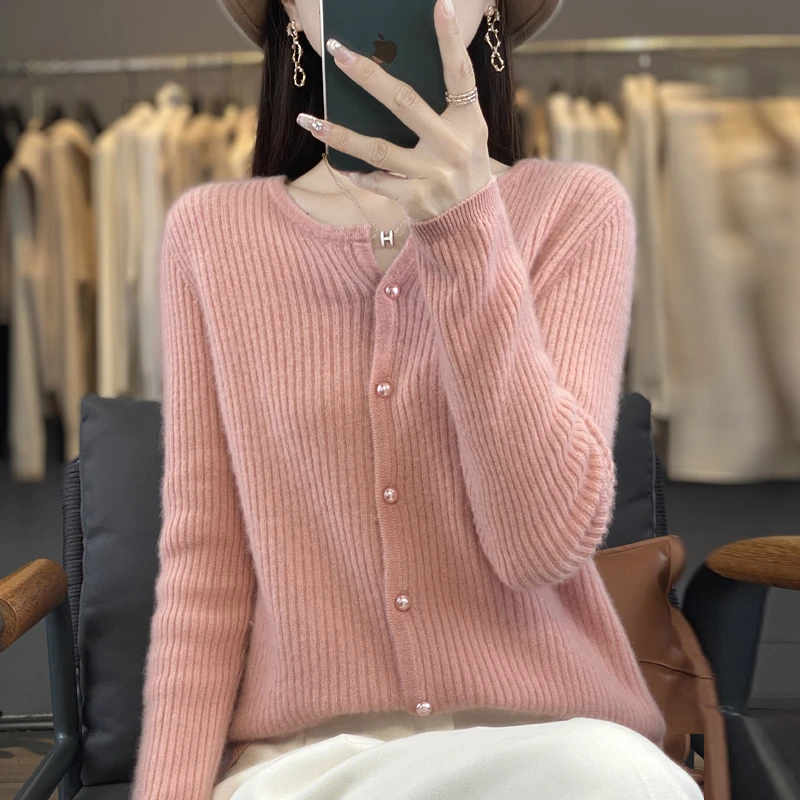 100纯羊毛针织开衫抽条小V领显瘦珍珠扣红色外穿大码女装秋冬新款