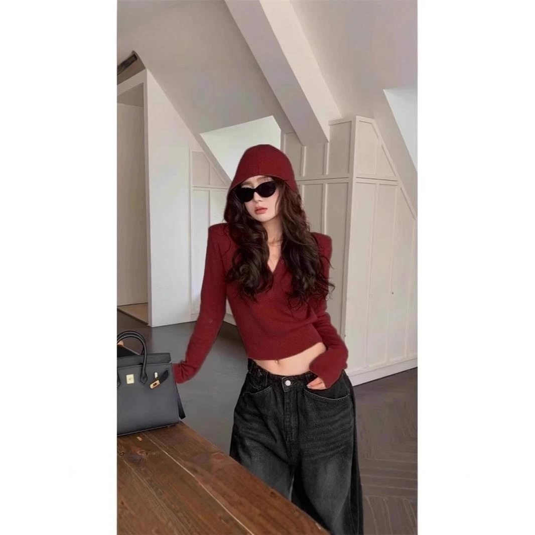 安可拉红色连帽针织打底衫女2025初秋修身短款毛衣卫衣设计感上衣