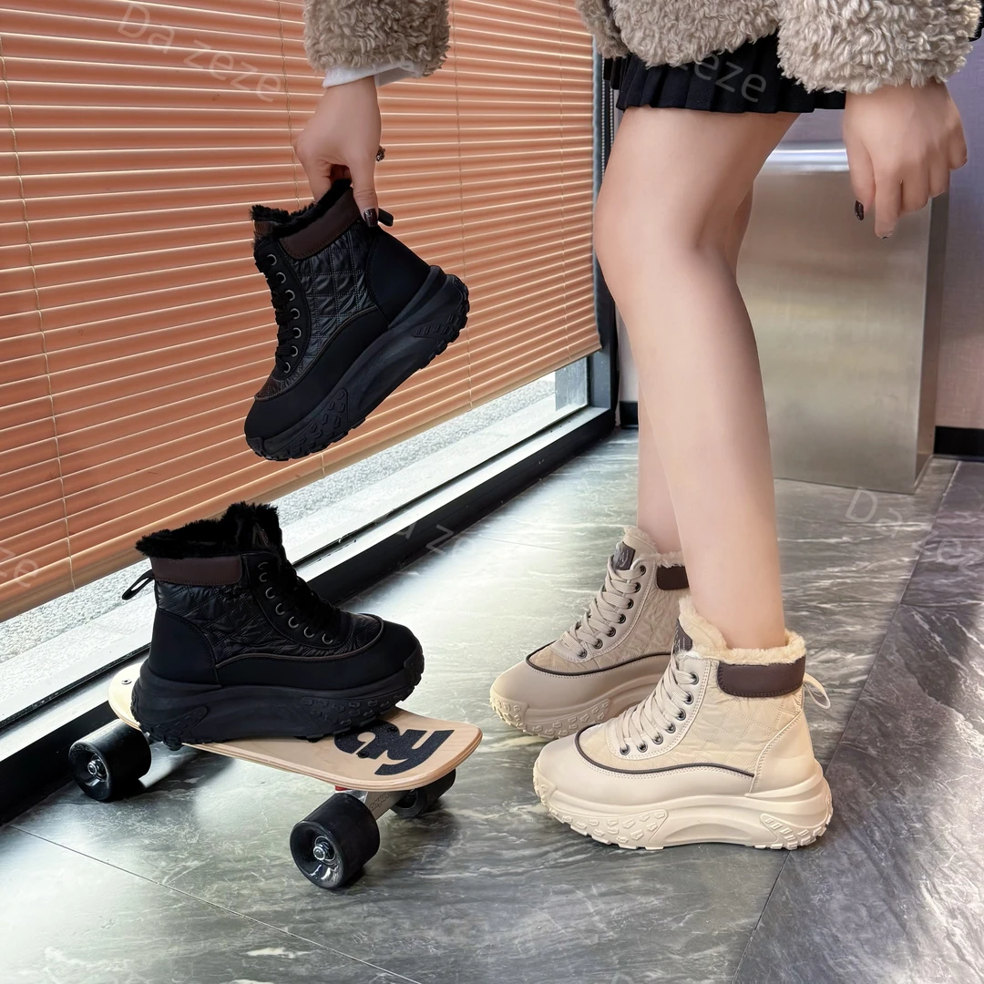 大绵羊 韩版高帮鞋女加厚保暖板鞋系带春冬季休闲加绒005