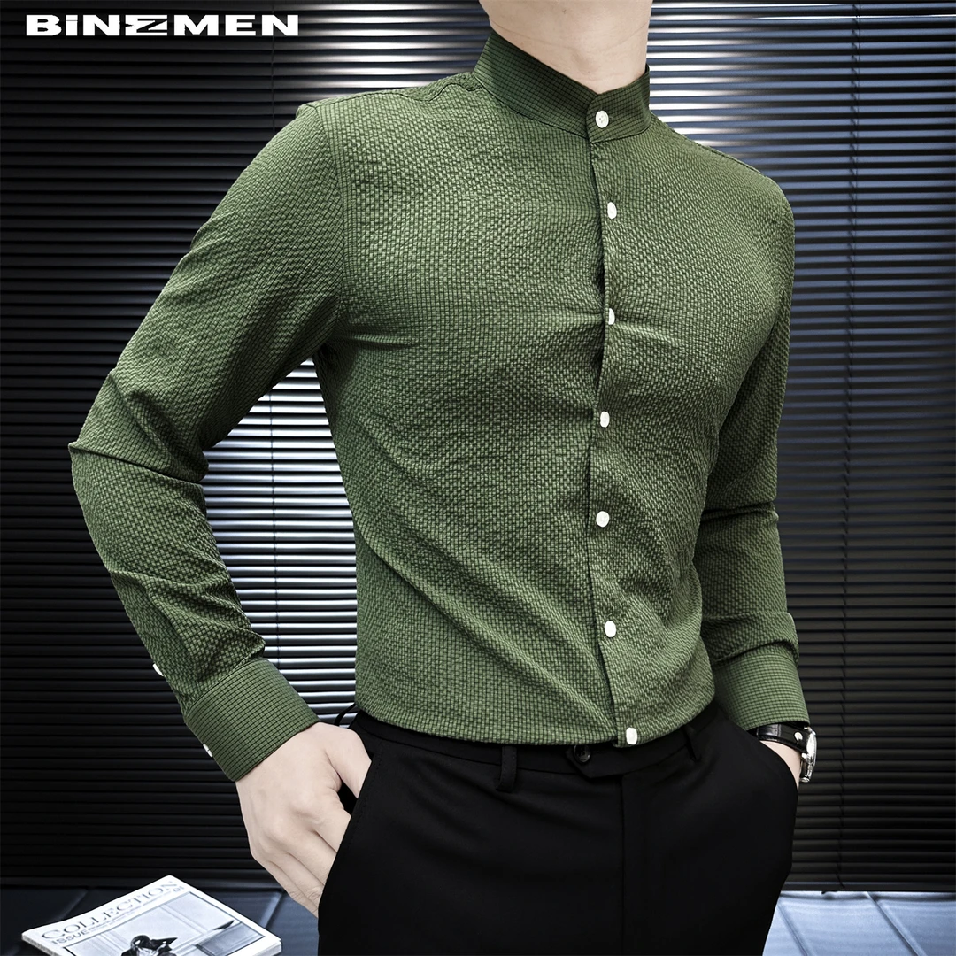 轻盈感新中式衬衫男款长袖泡泡纱修身立领衬衣内搭设计师小众男装