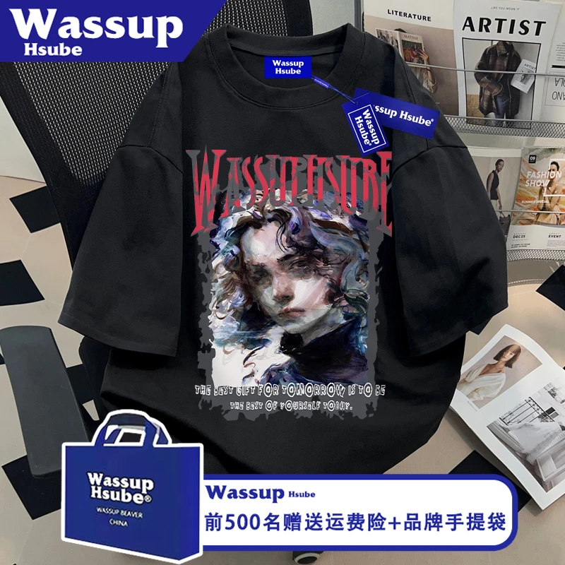 WASSUP HSUBE慵懒潮牌油画印花半袖ins纯棉男女黑色短袖夏圆领T恤