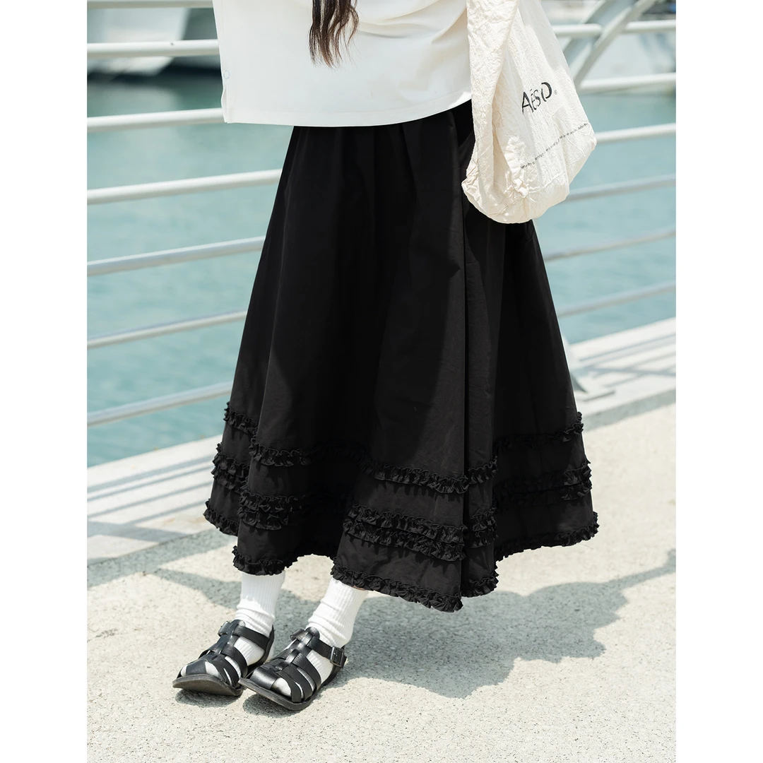 古苔黑色花边半身裙 日系百搭款纯棉 简约超爱的纸片人小黑裙女