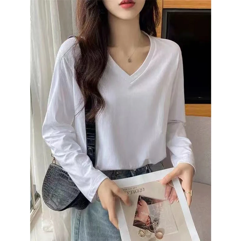 百搭显瘦纯棉白色正肩长袖t恤女秋冬季内搭V领打底衫基础款上衣