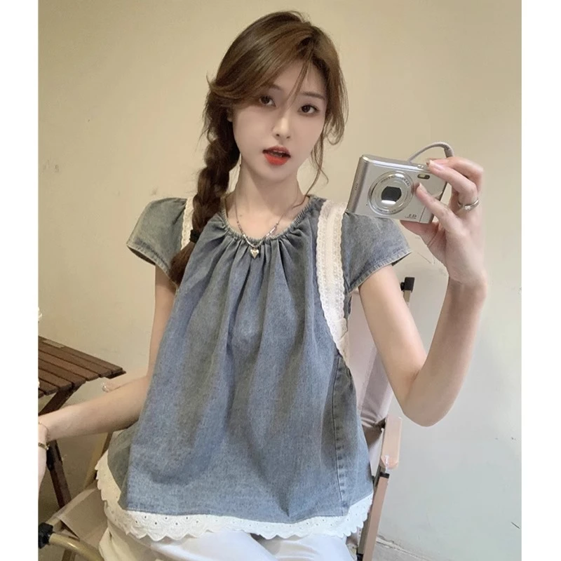 小飞袖牛仔衬衫女法式蕾丝花边夏季设计感小众别致宽松娃娃衫上衣
