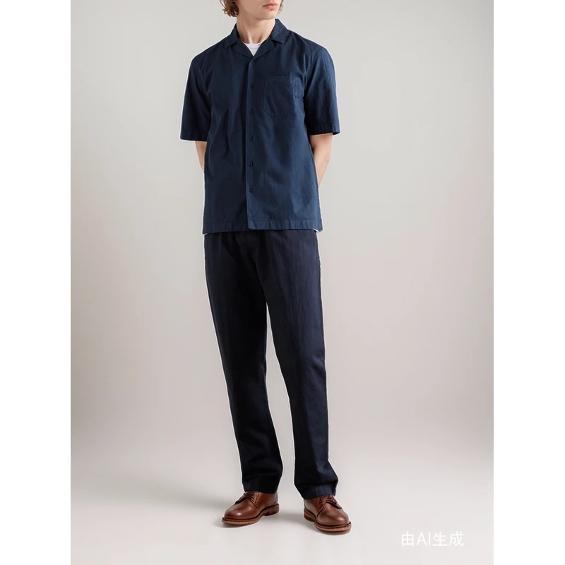 Sunspel 秋冬男古巴领棉质混纺泡泡纱短袖衬衫