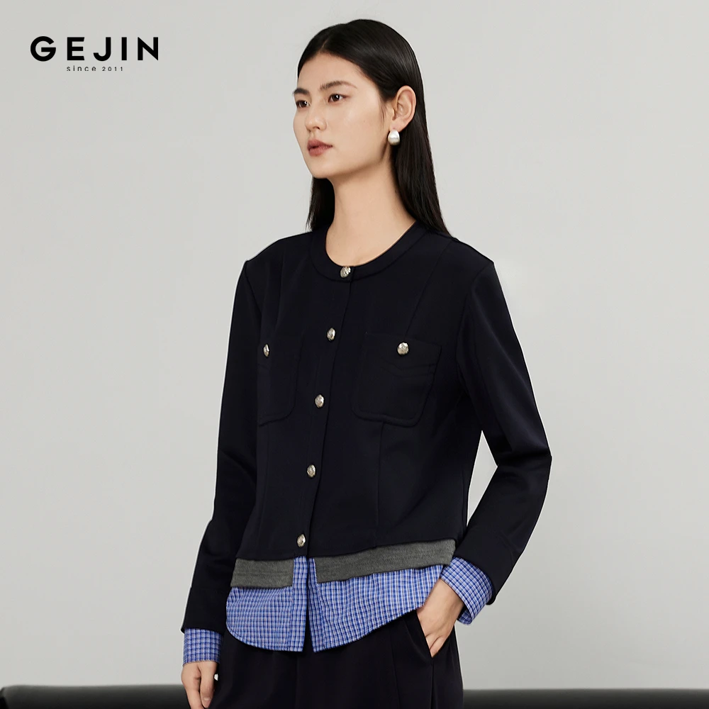 GEJIN/时尚新款格子POLO领复古长袖格纹通勤风衬衫9332520393