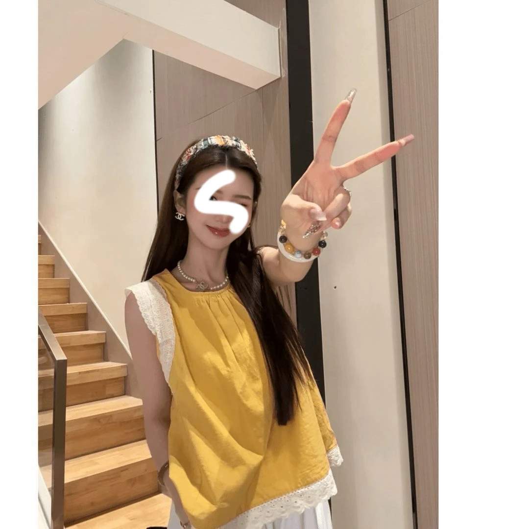 蕾丝花边拼接无袖衬衫女夏季设计感娃娃衫气质甜美小衫上衣