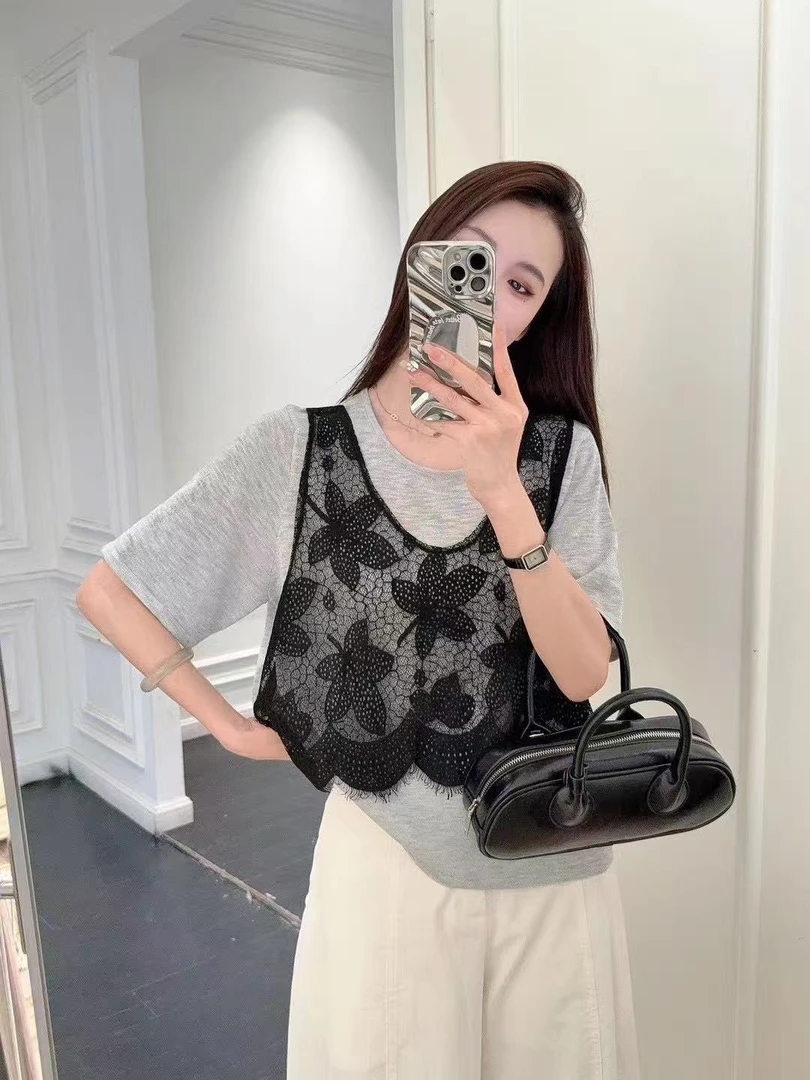 韩版蕾丝时尚拼接复古极简风法式短袖圆领常规T恤针织衫上衣百搭