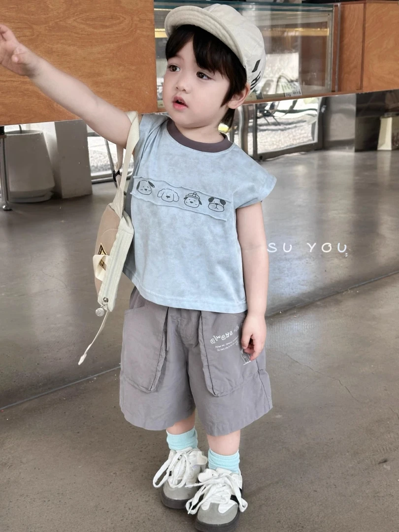 2025男童狗狗印花背心夏薄款短袖男女宝宝圆领T恤中小童夏天衣服