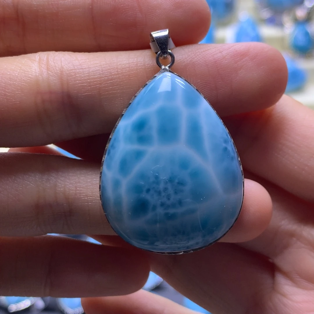 针钠钙石（海纹石）银S925镶嵌吊坠(不含链)水滴吊坠色差略异