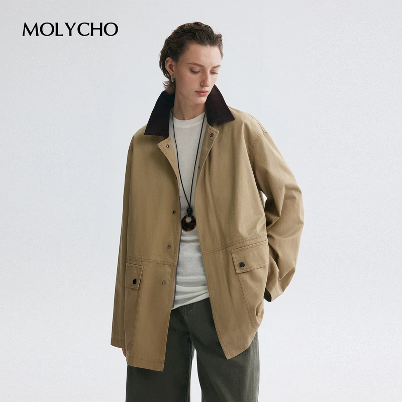 MOLYCHO｜复古街头风/灯芯绒撞色翻领风衣/宽松休闲工装夹克外套