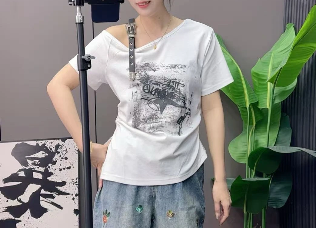 夏季新款原创小众设计美式复古辣妹斜肩短袖上衣女洋气时尚