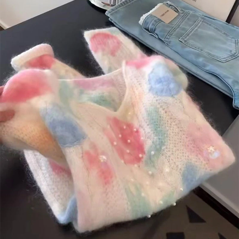 秋季新款大码女装宽松百搭气质长袖郁金香花朵设计感毛衣显瘦上衣