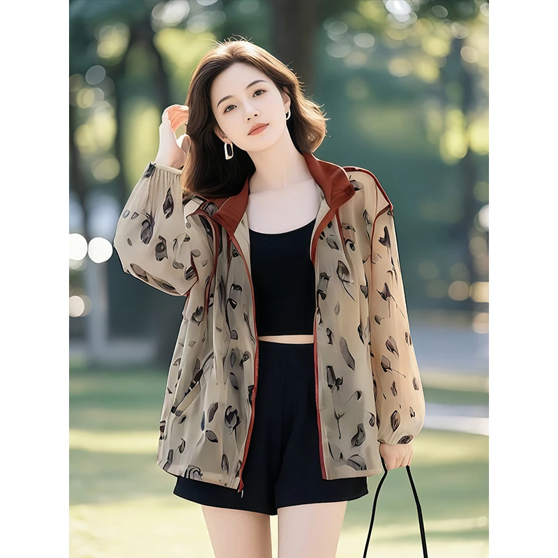 防晒衣女中长款薄外套2026夏季新款洋气百搭宽松印花色透气防晒服