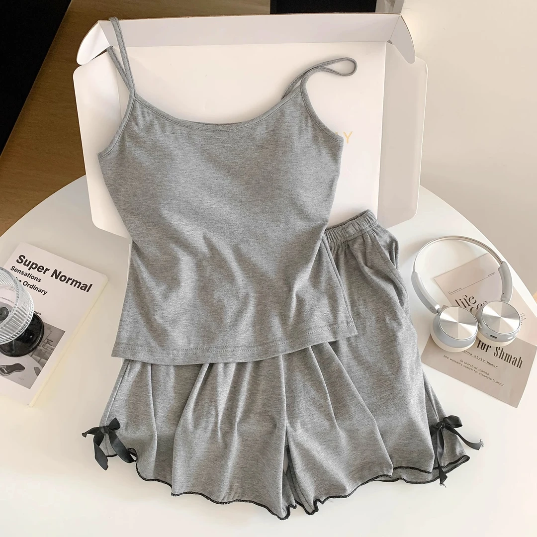 甜美蝴蝶结带胸垫吊带莫代尔睡衣女夏季简约休闲家居服可外穿套装