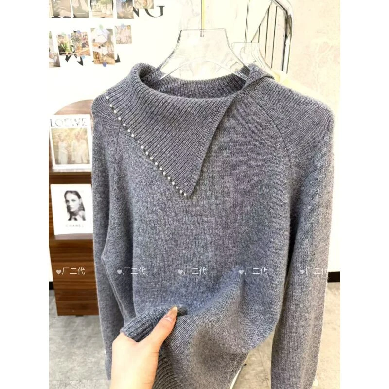 【星光针织】韩系温柔不规则翻领针织上衣b694