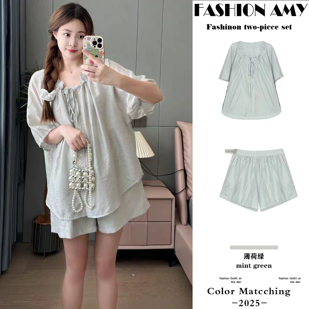 高级感孕妇套装2025夏季新款系带小衫夏装阔腿短裤两件套防晒衣