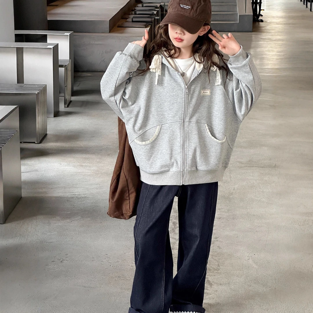 韩系潮牌女童秋装2025新款灰色花边拉链外套宽松休闲12岁初中生15