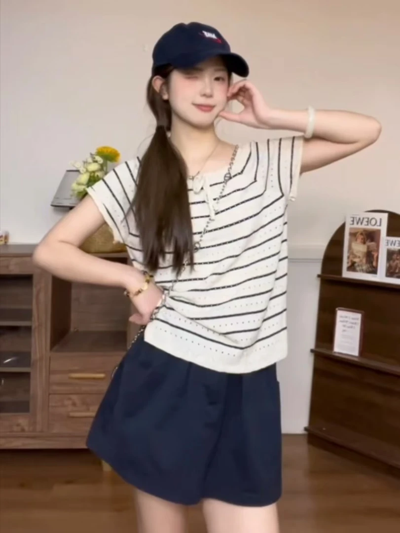 韩系复古撞色感条纹短袖t恤女夏季慵懒宽松休闲显瘦镂空系带上衣