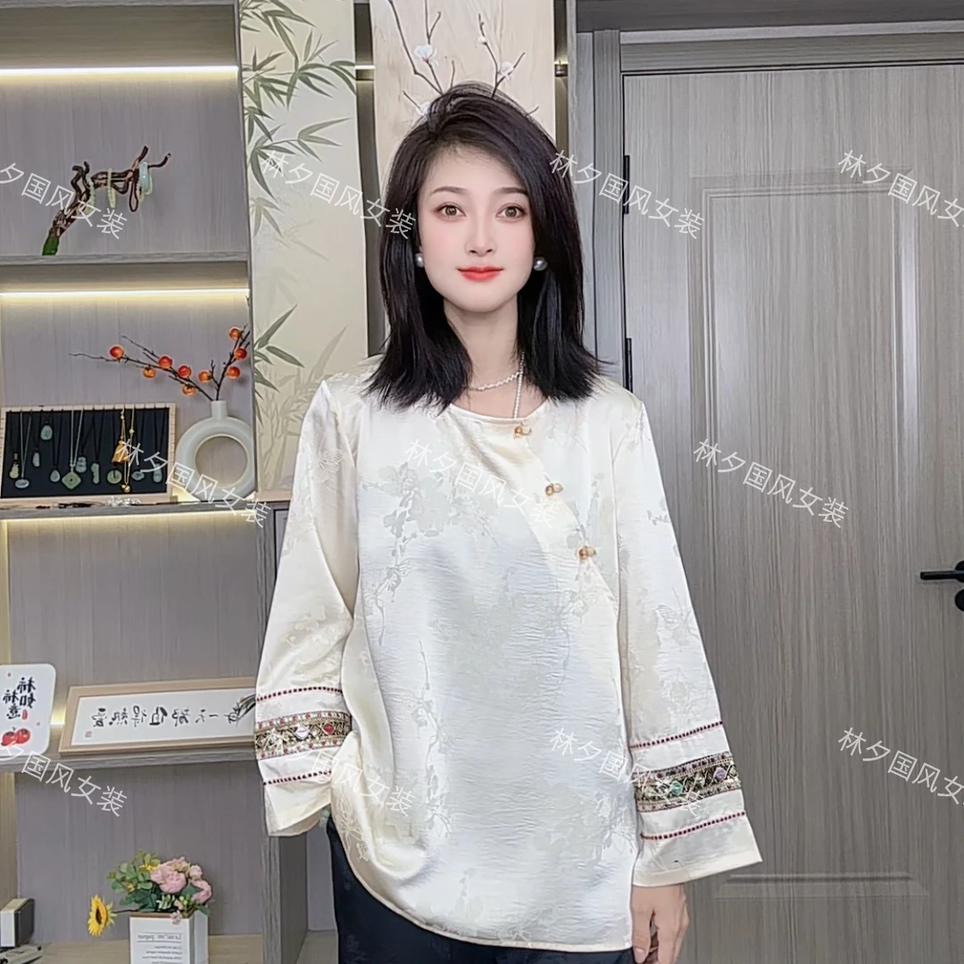 早秋新中式女装常规款提花气质民族风时尚上衣薄款圆领长袖衬衫