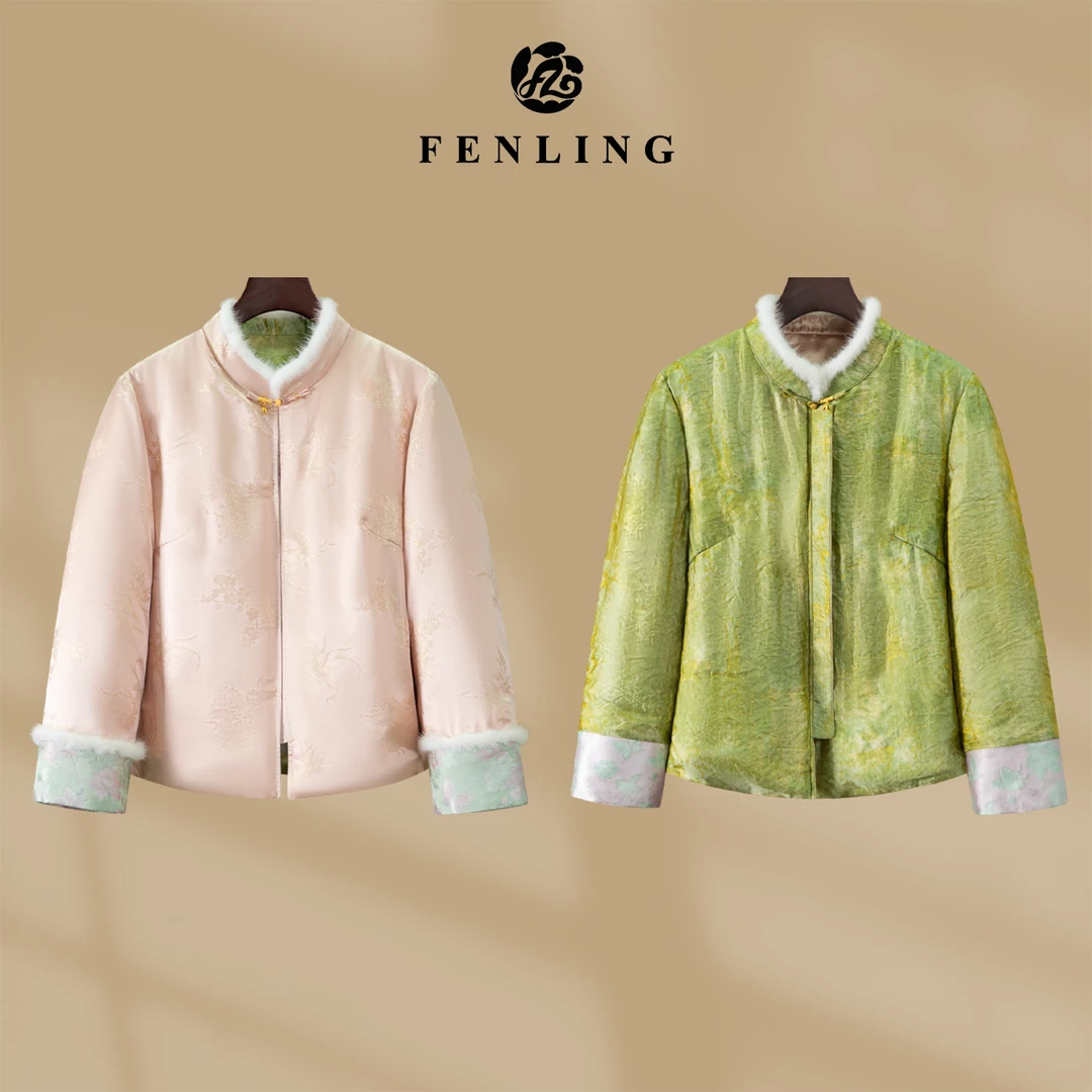 芬领-映雪-国风桑蚕丝织金貂毛领白鹅绒双穿外套千金名媛风WT555