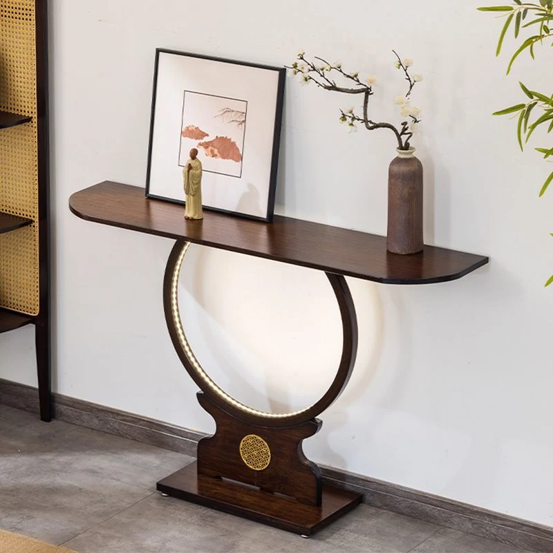 新中式入户门正对玄关桌子竹制极窄条案几组装1级环保喷漆椭圆端