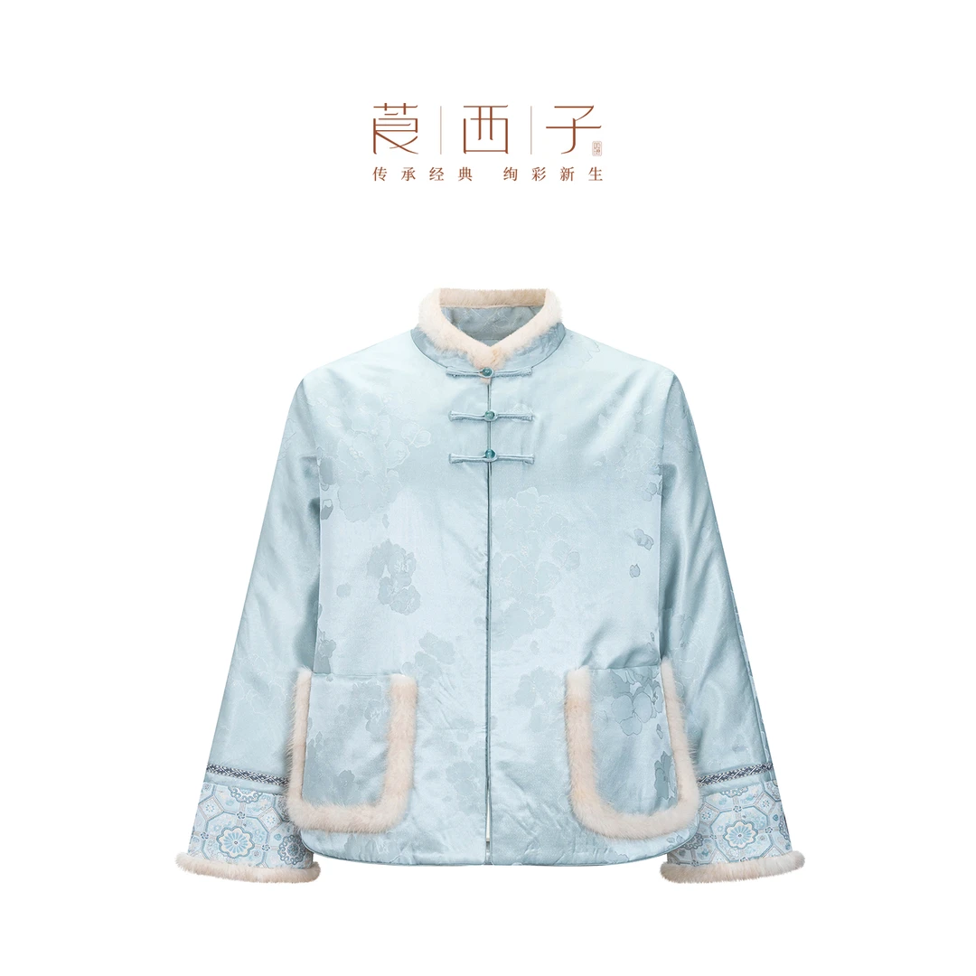 【瑟言】中式立领对襟保暖修身民国名媛风百搭气质提花袖口拼接棉衣