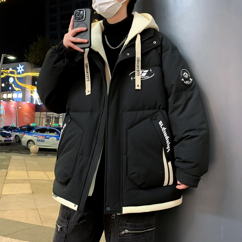 羽绒服男款冬季新款学院风初中学生潮牌假两件羽绒外套青少年男装