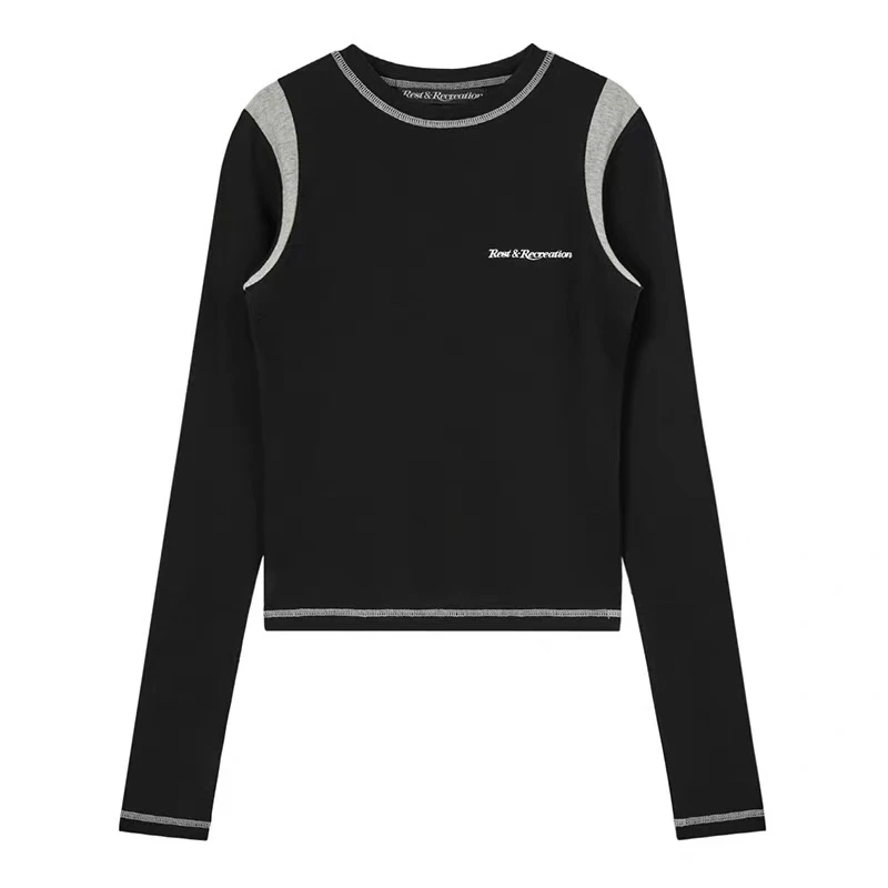 YD-韩系！R系字母印花拼接打底衫25秋冬新款长袖圆领T恤女