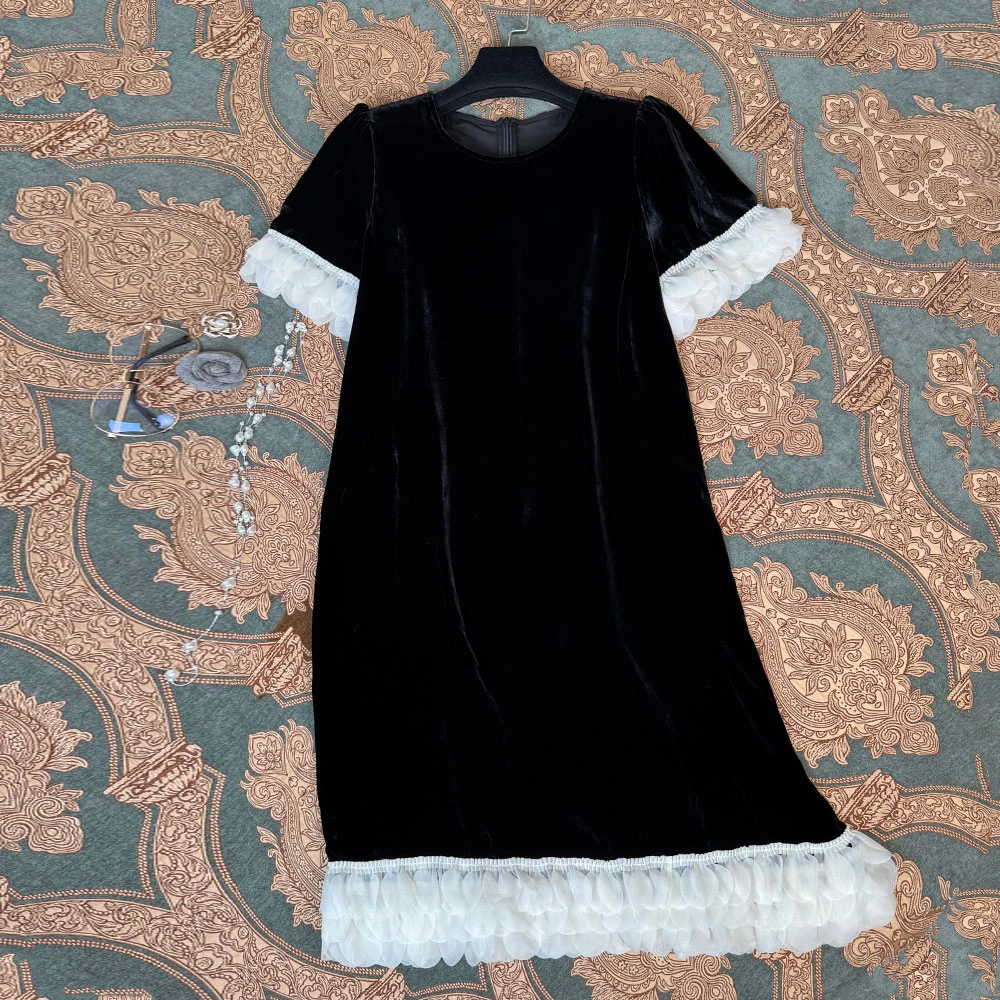 桑蚕丝丝绒高密木耳荷叶花边A版显瘦透气长裙千金清冷感贵系衣服