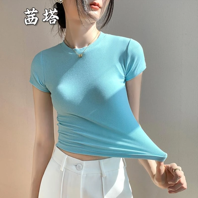 纯色螺纹短袖T恤女夏新款性感甜辣修身内搭半袖baby蓝打底衫短款
