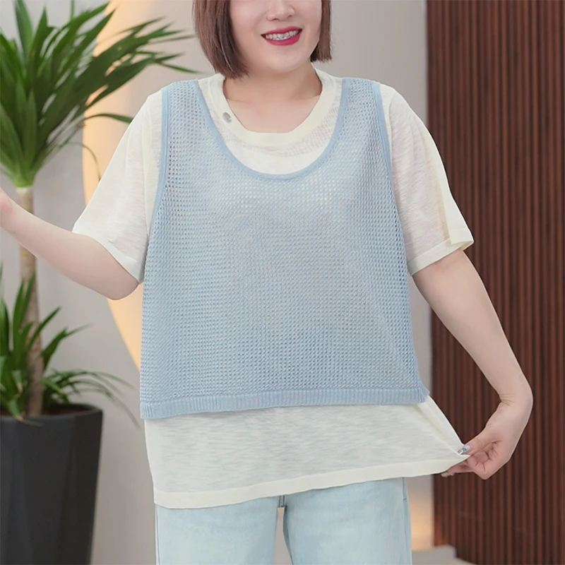 假两件上衣竹节麻凉感镂空大码显瘦文艺减龄宽松短袖夏季针织衫女