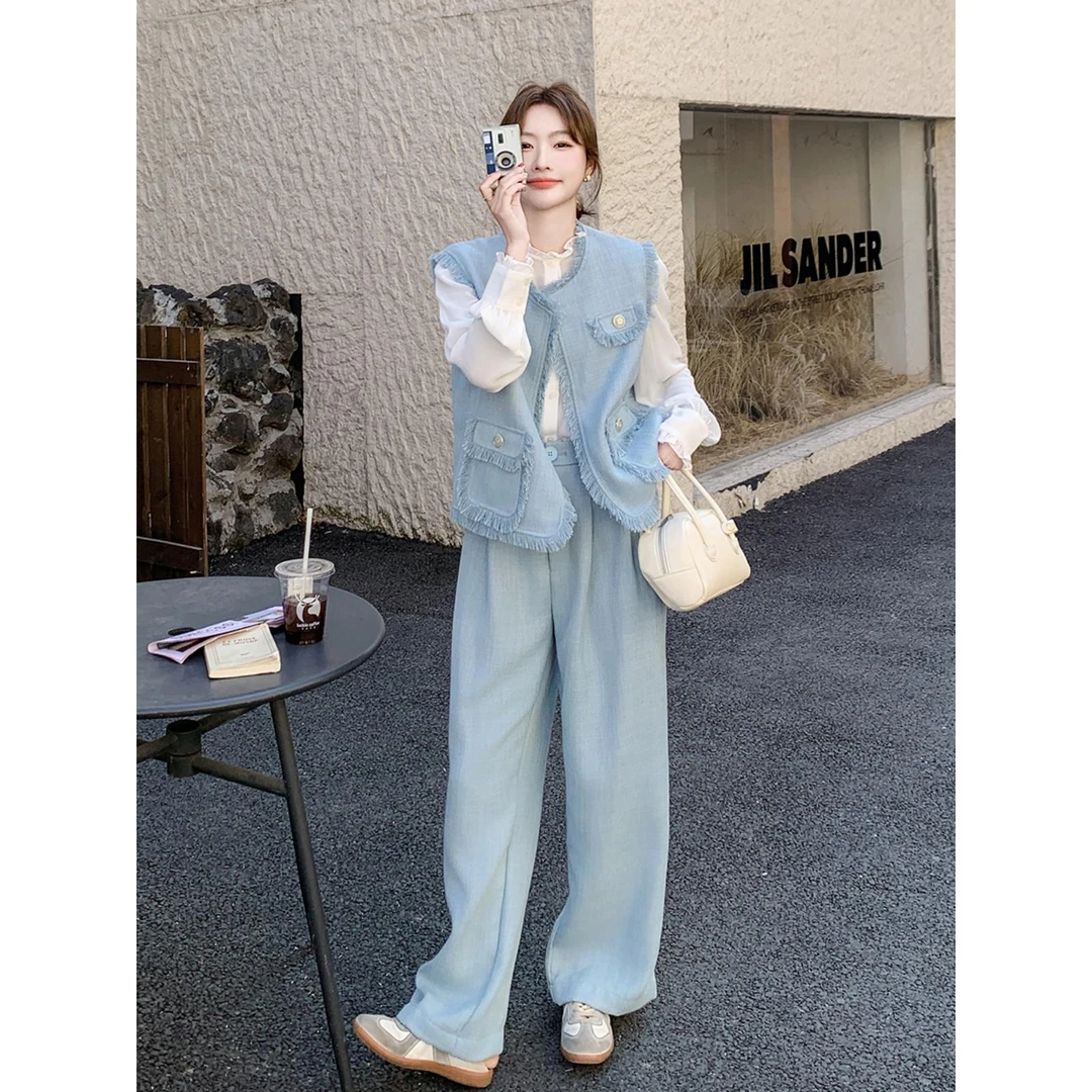 蓝色时尚流苏小香味女装春季2025新名人背心衬衫裤子三件套